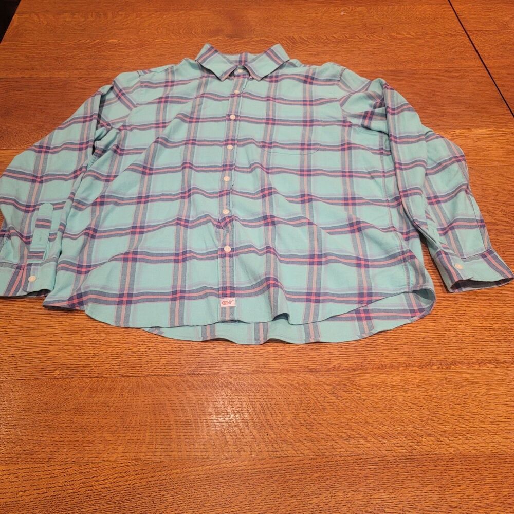 Vineyard Vines Slim Fit Murray Shirt XL Linen Blend Plaid Teal Pink
